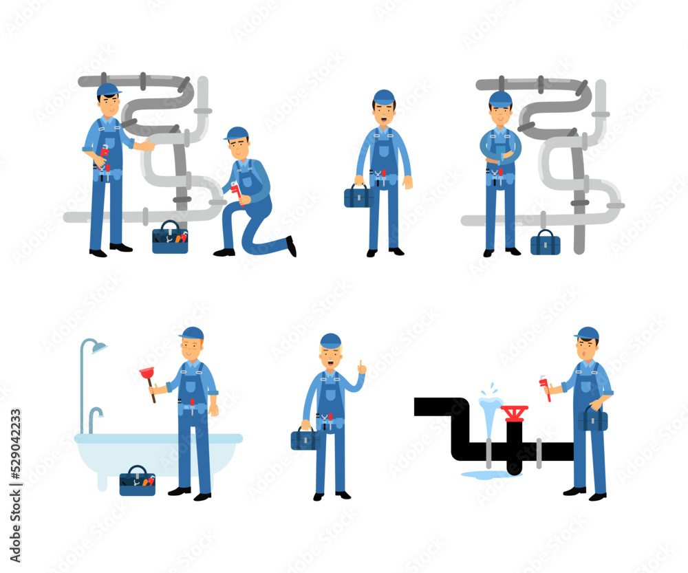 Professional Man Plumber Character in Blue Overalls with Tool Box Repairing and Fixing Plumbing Equipment Vector Set