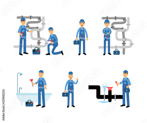 Professional Man Plumber Character in Blue Overalls with Tool Box Repairing and Fixing Plumbing Equipment Vector Set