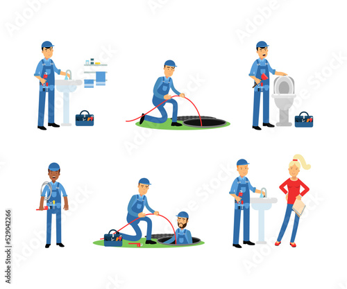 Professional Man Plumber Character in Blue Overalls with Tool Box Repairing and Fixing Plumbing Equipment Vector Set