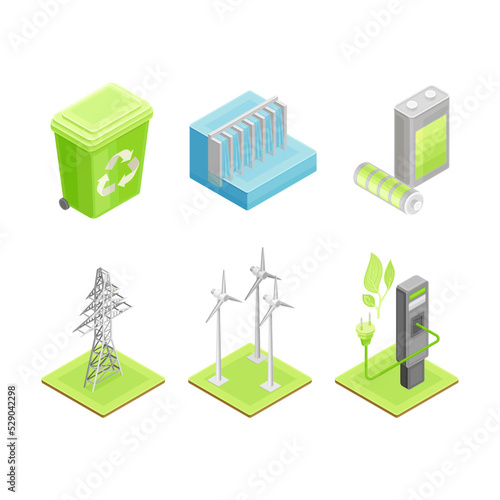 Renewable Green Energy Source with Wind Generator, Dam, Recycle Bin, Battery and Charge Point for Electric Car Isometric Vector Set