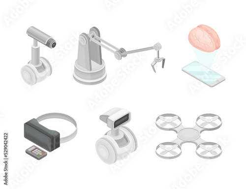 Robotic Technology with Electronic Equipment and Artificial Intelligence Like Robot, Smartphone, Virtual Glasses, Arm and Drone Isometric Vector Set