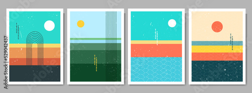 Vector illustration. Abstract contemporary aesthetic backgrounds. Flat landscape. Sun in the sky. Design for poster, postcard, invitation card, flyer, brochure cover. Room wall decor. Linear pattern