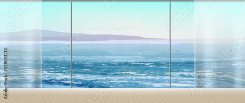 Panoramic window. Interior of empty room with a view to ocean landscape. Resort apartments or hotel with big sea view window. Modern summer background