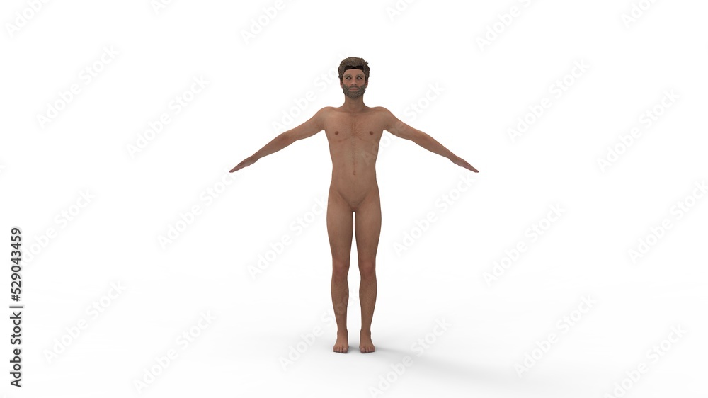 3D rendering of a naked man human being standing and posing with his arms wide spread anatomy Isolated in empty space background. 3D rendering of a naked man human being standing and posing with his arms wide spread anatomy Isolated in empty space background.