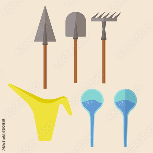 Set of tools for home plants care, watering can, shovel, rake