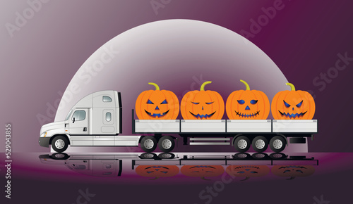 A modern American road train transporting Halloween pumpkins against the backdrop of a full moon.