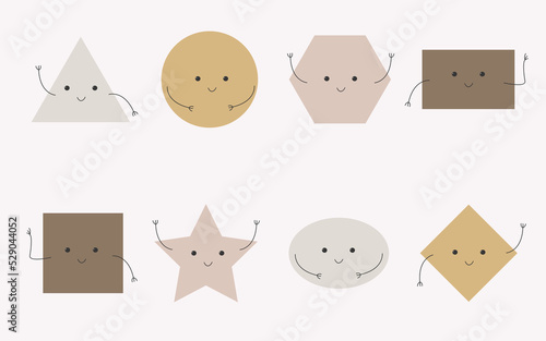 Cute geometric shapes. Cartoon circle and square. Flat vector figures triangle and rhombus. Funny kids educational poster design. Nursery art. Baby design.