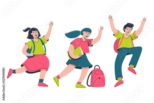 Schoolboy and schoolgirls with backpack waving hands and saying hi or bye to school. Happy schoolchildren, students greeting, say hello to friend