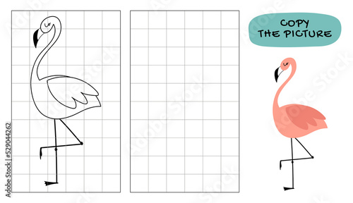 Copy the symmetrical drawing of a cute flamingo in cages. Drawing task for children on a grid, educational vector illustration. The page of the coloring book.