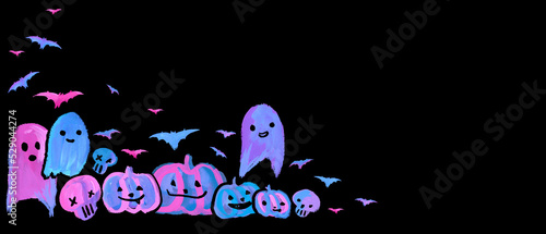Cute Halloween Pumpkins, bats, Ghost Card pink blue Aesthetic Neon Handmade painting black background