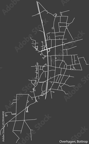 Detailed negative navigation white lines urban street roads map of the OVERHAGEN DISTRICT of the German regional capital city of Bottrop, Germany on dark gray background