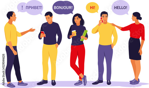 Young people saying hello in different languages. Students with speech bubbles. Communication  teamwork and connection concept.