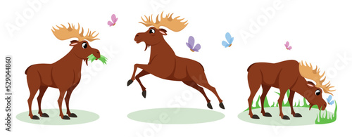 Vector illustration of cute and beautiful elk on white background. Charming characters in different poses eat grass, jump, walk on the lawn in cartoon style.