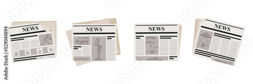 Set of fresh newspapers in cartoon style. Vector illustration of spreading news about robbery, hunting, parachuting and the arrival of aliens on white background.