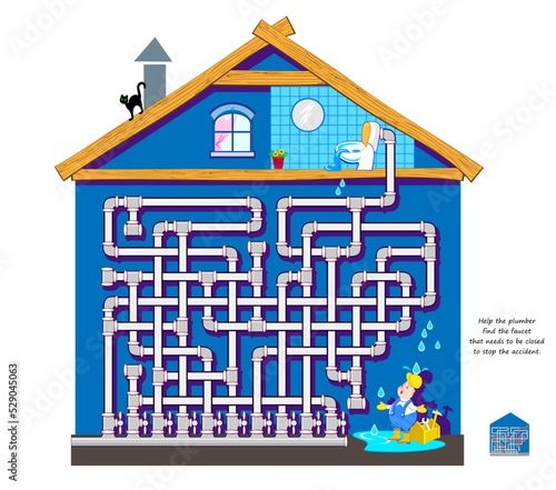 Best labyrinths. Help the plumber find the faucet that needs to be closed to stop the accident. Logic puzzle game. Brain teaser book with maze. Kids activity sheet. Play online. Vector illustration.