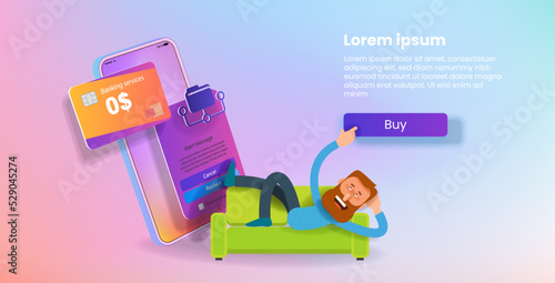 Cartoon man on the couch and banking interface on the smartphone screen