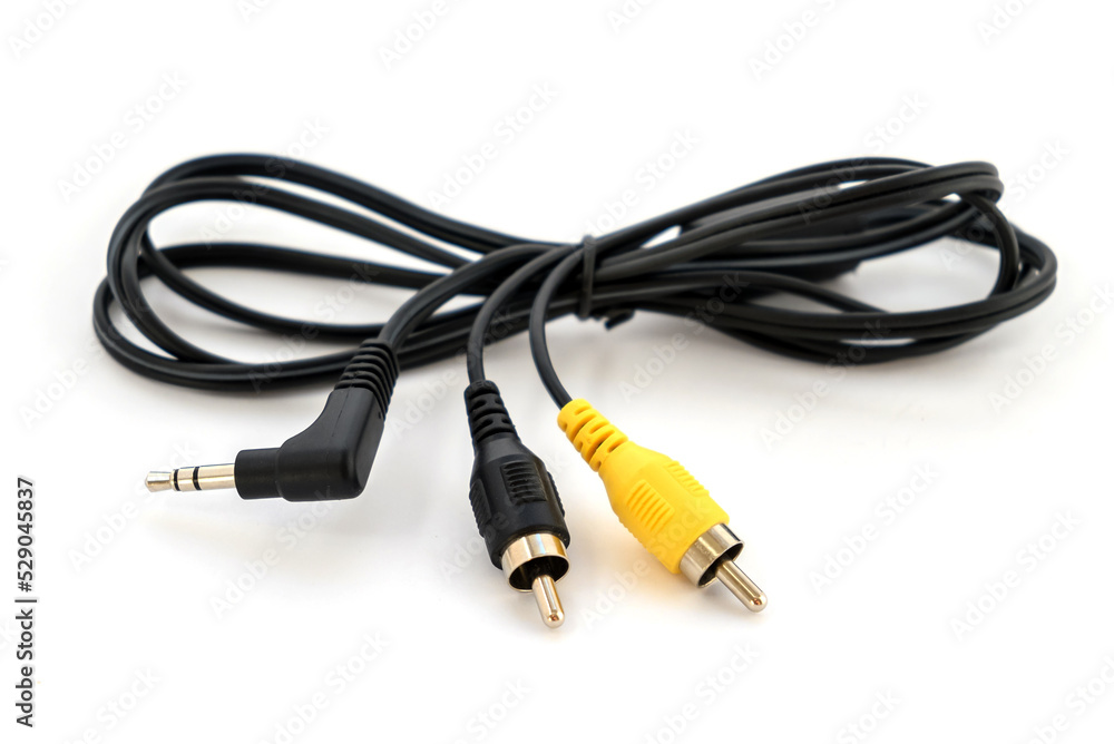 mini jack 3.5 - 2RCA cable closeup isolated on white background mini jack 3.5 - 2RCA cable closeup isolated on white background
