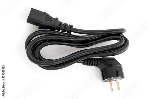 IEC VDE computer power cord with euro plug close-up isolated on white background photo