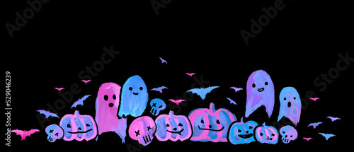 Cute Halloween Pumpkins, bats, Ghost Card blue pink, Aesthetic Neon Handmade painting white background