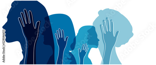 Banner background of human profile silhouette. Colorful up hands. Vector illustration	