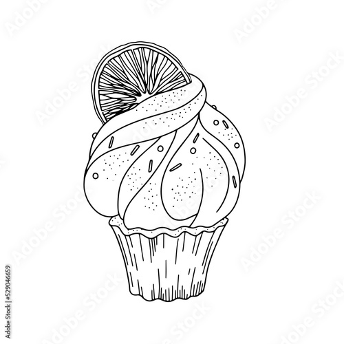 Linear cupcake with cream and orange slice isolated on white background