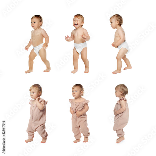 Collage with photos of cute baby learning to walk on white background