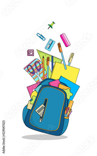 Light blue backpack full of different school stationery on white background. Illustration