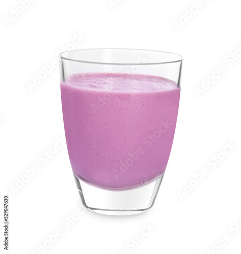 Delicious blackberry smoothie in glass on white background