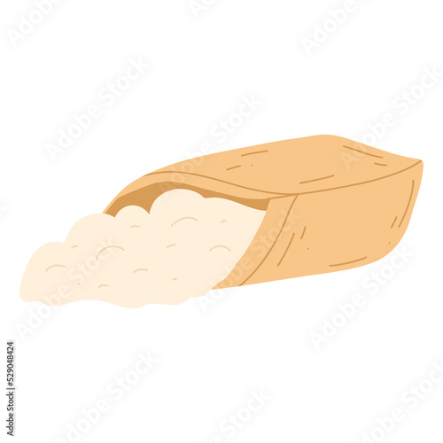 Burlap bag of flour in cartoon flat style. Vector illustration of sack with wheat, farming food element