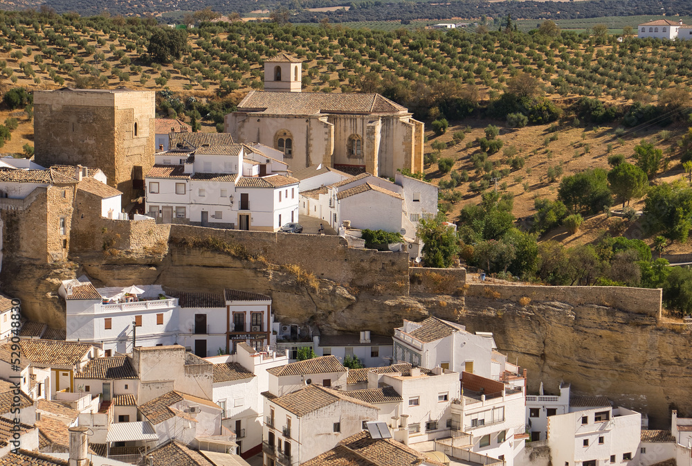 Beautiful panoramic view of Setenil de las Bodegas white houses on a sunny day. Andalusia, spain