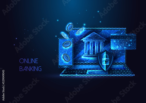 Concept of safe online banking, financial services with credit card, money, bank, laptop, smartphone