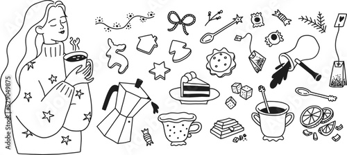 A set of sweets for delicious, fragrant tea. Lover of gourmet coffee drink. Vector illustration of a variety of desserts, hand drawn isolated.
