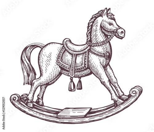 Retro wooden rocking horse sketch. Children toy in vintage engraving style. Vector illustration isolated on white