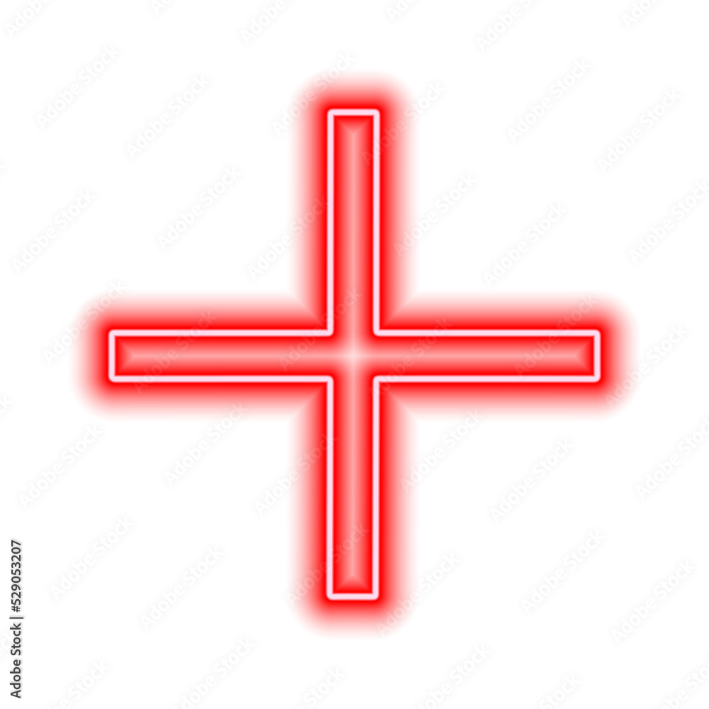 Fototapeta premium Red neon cross isolated on white. One object. Plus sign