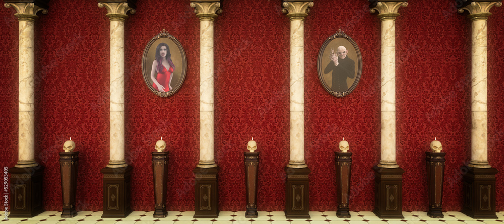 custom made wallpaper toronto digitalCreepy vampire castle interior wall with red wallpaper and marble columns. 3D illustration.