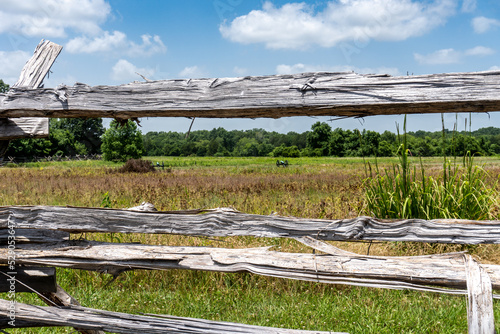 Murfreesboro, Tennessee: Stones River National Battlefield. Battle of Stones River site, a key battle of the American Civil War. Split rail fence, cotton field, cannons along McFadden's Lane. photo