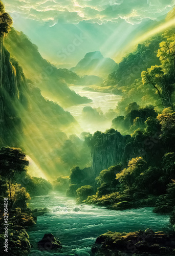 Majestic magical fantasy landscape with mountains  river  waterfall  sun rays. 3D illustration.