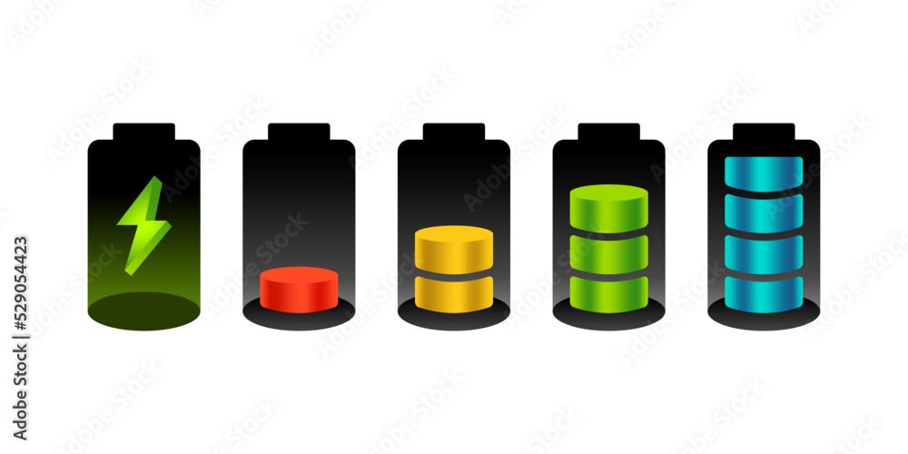 colorful Set of 3d style battery charge level indicators. realistic battery progress vector set illustration. Discharged and various level energy alkaline batteries infographic set. colorful Set of 3d style battery charge level indicators. realistic battery progress vector set illustration. Discharged and various level energy alkaline batteries infographic set.