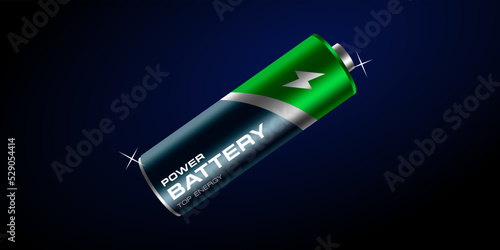 realistic 3d battery vector design illustration. 3d Li-Ion AA battery realistic image in dark blue background. Banner advertisement design for battery product.