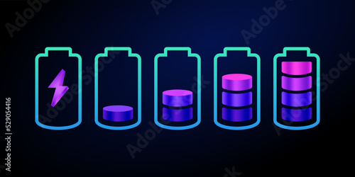 modern Set of 3d style battery charge level indicators. realistic battery progress vector set illustration. Discharged and various level energy alkaline batteries infographic set.