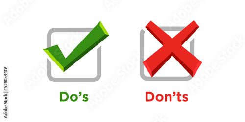 Do's and Don'ts symbol vector. yes or no flat simple  minimal choice button element set graphic design isolated on white. Check Marks UI andUX Flat Design Do and Don't Icon.
