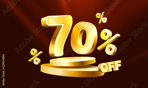 70 Off. Discount creative composition. 3d sale symbol with decorative objects, golden confetti, podium and gift box. Sale banner and poster. Vector