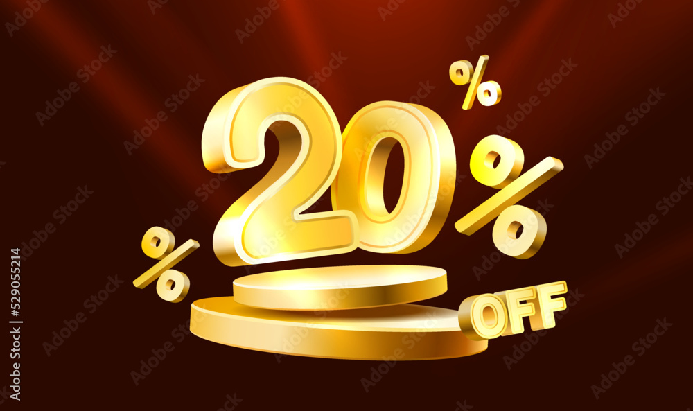 20 Off. Discount creative composition. 3d sale symbol with decorative objects, golden confetti, podium and gift box. Sale banner and poster. Vector 20 Off. Discount creative composition. 3d sale symbol with decorative objects, golden confetti, podium and gift box. Sale banner and poster. Vector