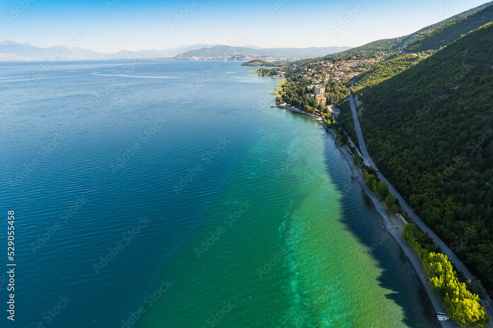 Aerial view of Dolno Konjsko and Sveti Stefan by Ohrid lake in North Macedonia