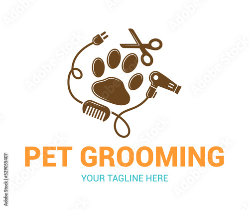 Dog or pet grooming and washing logo design template. Pet Care salon sign. Vector illustration.