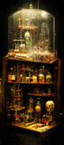 Old curio cabinet, terrifying as a museum of horrors, with bizarre collection of objects and bottles of alcohol, skull and disgusting gothic objects