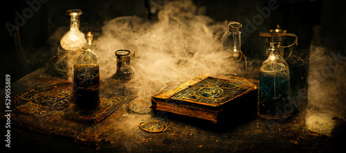 Grimoire of alchemy and magic of a medieval druid magician in the office of his terrifying castle