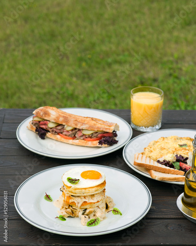 Delicious breakfast outside in summer. Against the background of a green lawn