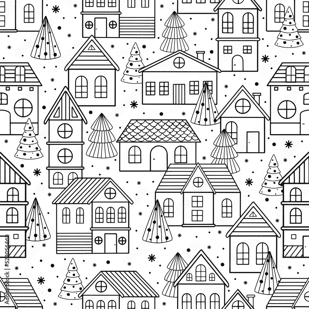 Vector Seamless pattern for Christmas cards with hand drawn winter tree, house and texture.