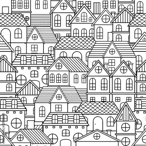Seamless pattern of doodle houses. Great for fabric  textile vector illustration